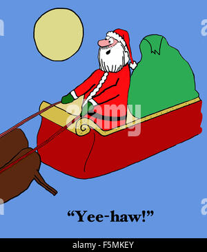 Christmas cartoon showing Santa Claus acting as a cowboy shouting out 'Yee-haw'. Stock Photo