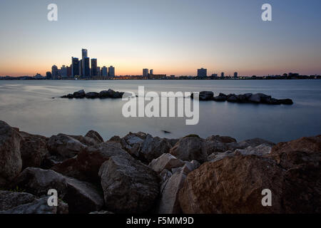 A landscape image of the Detroit River and Detroit, City skyline as seen from Windsor, Ontario Canada Stock Photo