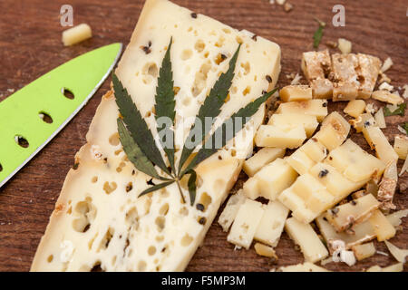 Sheep's cheese decorated with a cannabis leaf in the Prague Czech Republic Family farm product Stock Photo