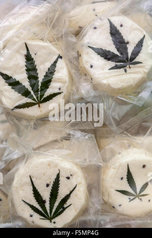 Sheep's cheese vacuum-packed, decorated with a cannabis leaf Prague Czech Republic Family farm product Stock Photo