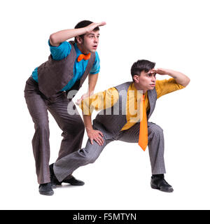 Disco dancers showing some movements against isolated white Stock Photo