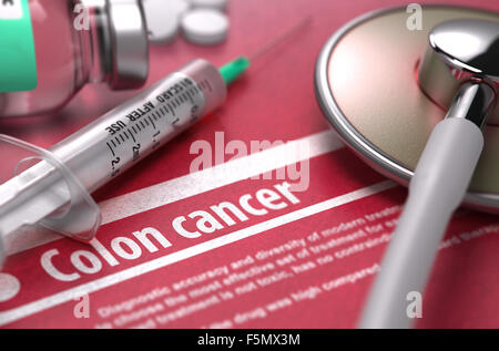 Colon cancer - Printed Diagnosis on Red Background. Stock Photo
