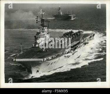 1972 - Angles, Curves and Mirrors. Two of the British Navy's newest carriers are H.M.S. Albion and H.M.S. Centaur. Both are equipped with the latest in flattops - angled decks and a mirror landing aid to replace the familiar batsman. They were seen together at ceremonies marking the departure of Admiral the Earl of Mountbatten from his post as Allied Commander-in-Chief, Mediterranean. Picture Shows:- The mirrored-and-angled H.M.S. Centaur and H.M.S. Albion making curves of their wakes in the Mediterranean. Crews and aircraft are drawn-up on deck for the ceremonial departure. (Credit Image: © K Stock Photo