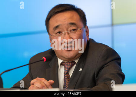 Luxembourg City, Luxembourg. 06th Nov, 2015. Mongolian Minister for Foreign affairs Purevsuren Lundeg talk during the Press conference at the end of the 12th Asia-Europe Foreign meeting, Foreign Ministers prepare ASEM's 20th anniversary to be celebrated at the 11th ASEM Summit in Mongolia, ministers exchanged views on ways to promote deeper Asia-Europe cooperation in the field of peace, security, human right and development. Credit:  Jonathan Raa/Pacific Press/Alamy Live News Stock Photo