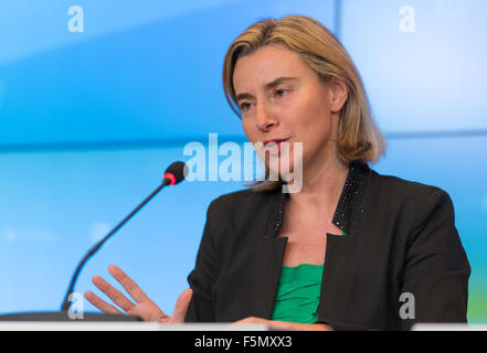 Luxembourg City, Luxembourg. 06th Nov, 2015. High Representative of the European Union for Foreign Affairs and Security Policy Federica Mogherini talk during the Press conference at the end of the 12th Asia-Europe Foreign meeting, Foreign Ministers prepare ASEM's 20th anniversary to be celebrated at the 11th ASEM Summit in Mongolia, ministers exchanged views on ways to promote deeper Asia-Europe cooperation in the field of peace, security, human right and development. Credit:  Jonathan Raa/Pacific Press/Alamy Live News Stock Photo