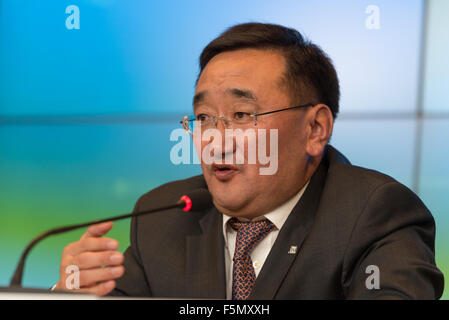 Luxembourg City, Luxembourg. 06th Nov, 2015. Mongolian Minister for Foreign affairs Purevsuren Lundeg talk during the Press conference at the end of the 12th Asia-Europe Foreign meeting, Foreign Ministers prepare ASEM's 20th anniversary to be celebrated at the 11th ASEM Summit in Mongolia, ministers exchanged views on ways to promote deeper Asia-Europe cooperation in the field of peace, security, human right and development. Credit:  Jonathan Raa/Pacific Press/Alamy Live News Stock Photo