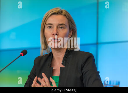 Luxembourg City, Luxembourg. 06th Nov, 2015. High Representative of the European Union for Foreign Affairs and Security Policy Federica Mogherini talk during the Press conference at the end of the 12th Asia-Europe Foreign meeting, Foreign Ministers prepare ASEM's 20th anniversary to be celebrated at the 11th ASEM Summit in Mongolia, ministers exchanged views on ways to promote deeper Asia-Europe cooperation in the field of peace, security, human right and development. Credit:  Jonathan Raa/Pacific Press/Alamy Live News Stock Photo