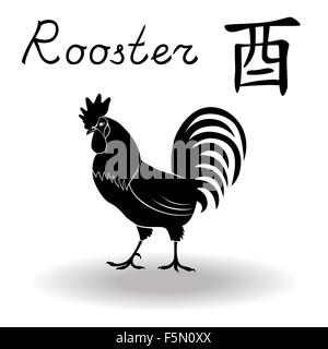 Chinese Zodiac Sign Rooster, Fixed Element Metal, symbol of New Year on the Chinese calendar, hand drawn black vector stencil is Stock Vector