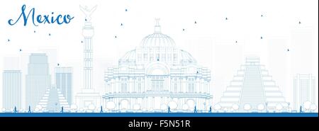 Outline Mexico skyline with blue landmarks. Vector illustration. Business travel and tourism concept with historic buildings. Stock Vector