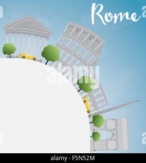 Rome skyline with grey landmarks and copy space. Business travel and tourism concept with historic buildings. Image for presenta Stock Vector