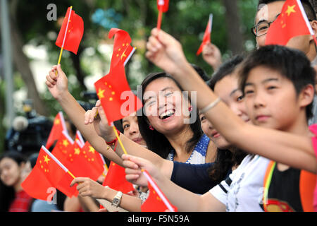 Singapore. 7th Nov, 2015. Overseas Chinese wait for the visit of Chinese President Xi Jinping at China Cultural Center in Singapore Nov. 7, 2015. Credit:  Then Chih Wey/Xinhua/Alamy Live News Stock Photo