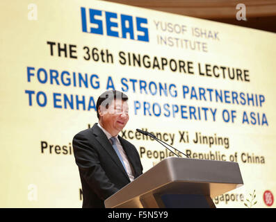 Singapore. 7th Nov, 2015. Chinese President Xi Jinping delivers a speech at the National University of Singapore in Singapore, Nov. 7, 2015. © Lan Hongguang/Xinhua/Alamy Live News Stock Photo