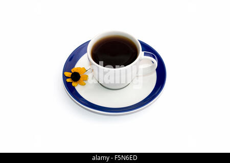 cup of coffee on a saucer with a blue border and a floret, isolate Stock Photo