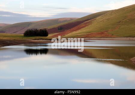 Late evening autumn reflections Craig Goch Reservoir Elan Valley Rhayader Elan Valley Powys Wales Cymru UK GB Stock Photo