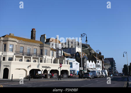 Rock-a-Nore road with Webbe's seafood restaurant and the East Railway lift, Hastings, East Sussex, UK Stock Photo