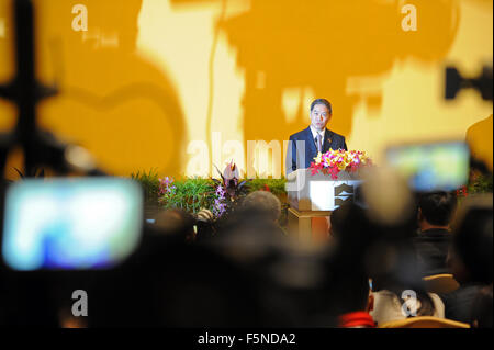 Singapore, Singapore. 7th Nov, 2015. Chinese mainland's Taiwan affairs chief Zhang Zhijun holds a press conference after a meeting between leaders of the two sides of the Taiwan Strait, in Singapore, Nov. 7, 2015. © Then Chih Wey/Xinhua/Alamy Live News Stock Photo