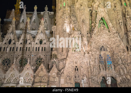 Sagrada,Familia,Gaudi,unfinished massive church lit up,illuminated at night,Barcelona,Catalonia,Spain, Stock Photo