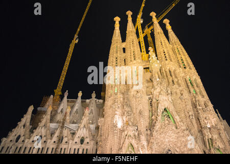 Sagrada,Familia,Gaudi,unfinished massive church lit up,illuminated at night,Barcelona,Catalonia,Spain, Stock Photo