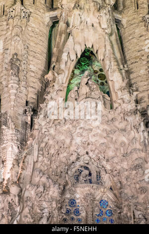 Sagrada,Familia,Gaudi,unfinished massive church lit up,illuminated at night,Barcelona,Catalonia,Spain, Stock Photo