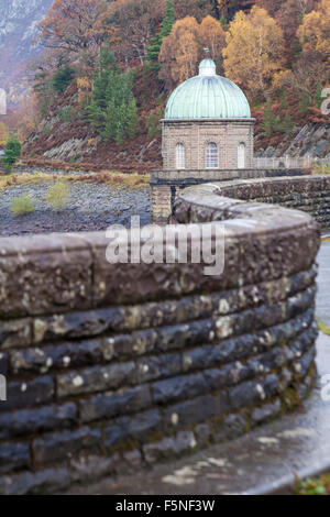 Foel Tower, the Pump House with domed green patina copper roof at Garreg Ddu Dam reservoir, Elan Valley, Powys, Mid Wales, UK in November Autumn Stock Photo