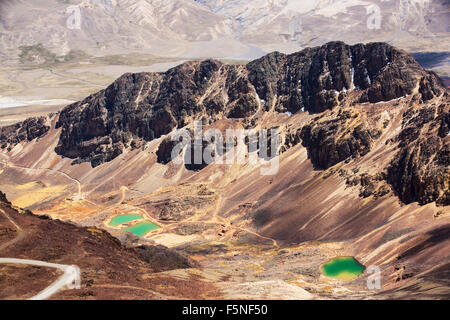 Colourful lakes below the peak of Chacaltaya in the Bolivian Andes. Stock Photo