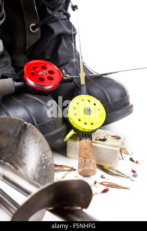 closeup ice fishing tackles and equipment on white background Stock Photo