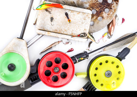 closeup ice-fishing rods, tackles and equipment on white background Stock Photo