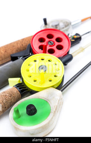 closeup ice-fishing rods, tackles and equipment on white background Stock Photo