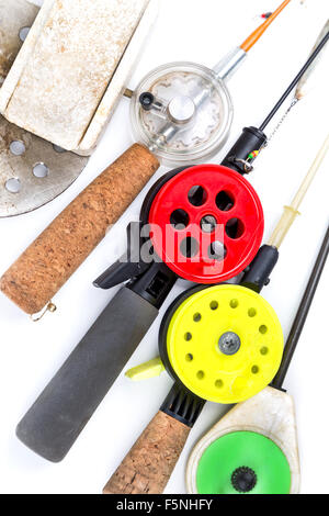 closeup ice-fishing rods, tackles and equipment on white background Stock Photo