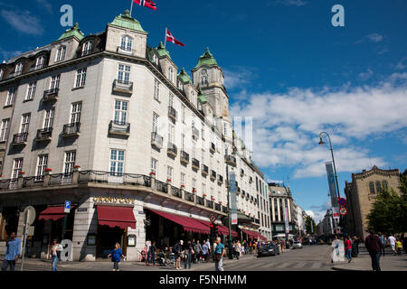 Norway, Oslo, Karl Johans Gate. Grand Hotel, best known as the annual venue of the Nobel Peace Prize award winners. Stock Photo