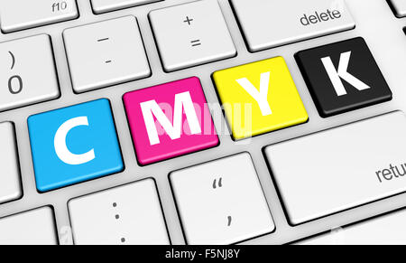 Cmyk digital offset printing and graphic design concept with colors and letter on a laptop computer keyboard 3d illustration. Stock Photo