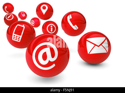Email, web and Internet concept with contact and connection icons and symbols on bouncing red spheres isolated on white. Stock Photo