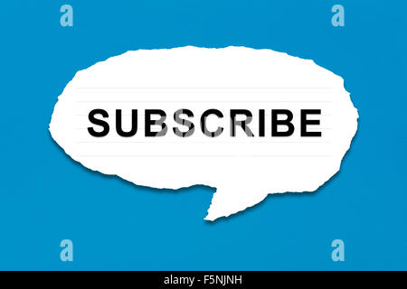 subscribe with white paper tears on blue texture background Stock Photo