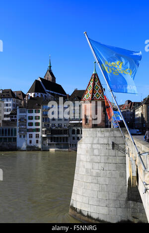 The medieval Mittlere Brücke stone bridge over the river Rhine, city of Basel, Canton Basel Stadt, Switzerland, Europe Stock Photo