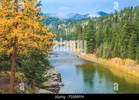 autumn morning along the blackfoot river near potomac, montana Stock Photo