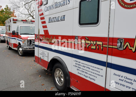 Crown Heights Hatzalah ambulances lined up on Eastern Parkway in Brooklyn, New York Stock Photo