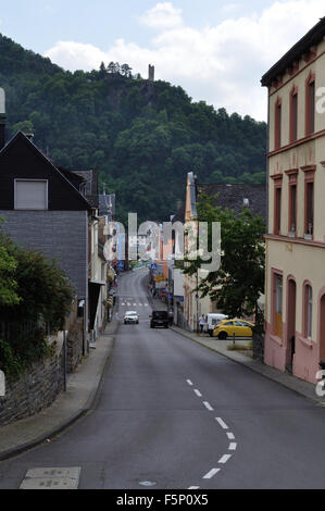 Looking down Poststrasse in Traben, Germany, towards the Moselbrucke, which links the town with Trarbach on the opposite side. Stock Photo