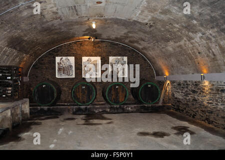 Barrels of wine stored in the cellars of a German winery. Stock Photo