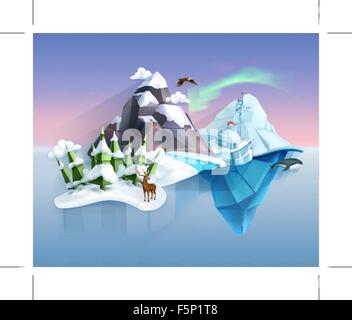 Polar nature, winter wonderland, low poly style landscape, vector infographic Stock Vector