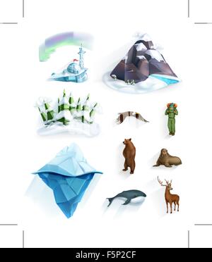 Polar nature, winter wonderland, low poly style icon set Stock Vector