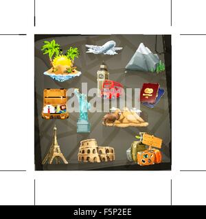 Travel set of vector icons on background Stock Vector