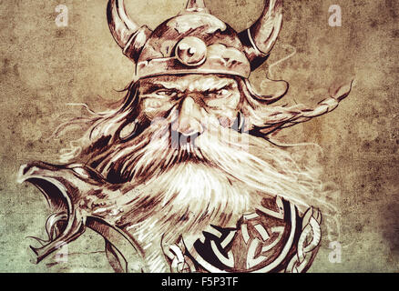 Tattoo art, sketch of a viking warrior, Illustration of an ancient wooden figurehead on a Viking longboat Stock Photo