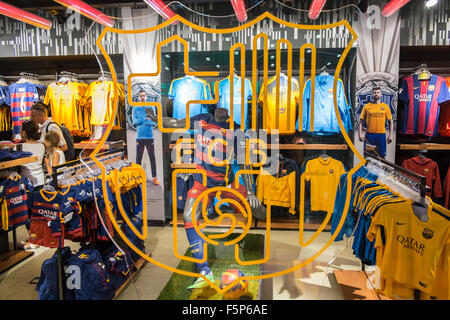 Official Barcelona Football Club shop,outlet at concourse at Sants high-speed,TGV, train station,Barcelona,Catalonia,Spain, Stock Photo