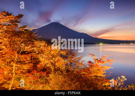 Fuji Mountain, Japan from Yamanaka Lake in the autumn. Stock Photo