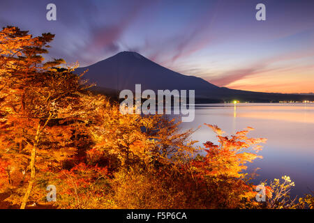 Fuji Mountain, Japan from Yamanaka Lake in the autumn. Stock Photo