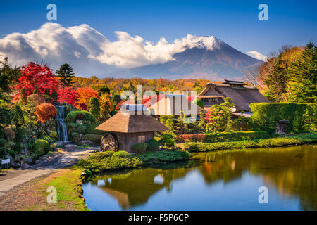 Oshino, Japan historic thatch houses with Mt. Fuji in the background. Stock Photo