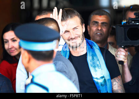 Kathmandu, Nepal. 6th Nov, 2015. Soccer star DAVID BECKHAM, a Goodwill Ambassador to UNICEF, is escorted by security after flying to Kathmandu where the documentary 'David Beckham: For the Love of the Game' commissioned by the BBC, is being filmed. Credit:  csm/Alamy Live News Stock Photo