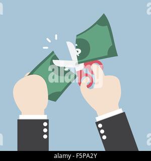 Businessman Hands holding scissors and cutting dollar, VECTOR, EPS10 Stock Vector