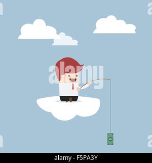 Businessman sitting on cloud with fish hook and dollar bait, VECTOR, EPS10 Stock Vector