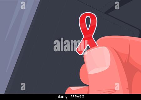 Human hand placing AIDS awareness ribbon badge on the suit jacket lapel. World AIDS day concept illustration. Stock Vector